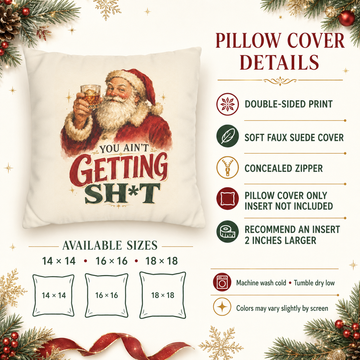 You Ain't Getting Sh*t Funny Santa pillowcase  | Christmas throw pillow, vintage Santa design | 3 sizes