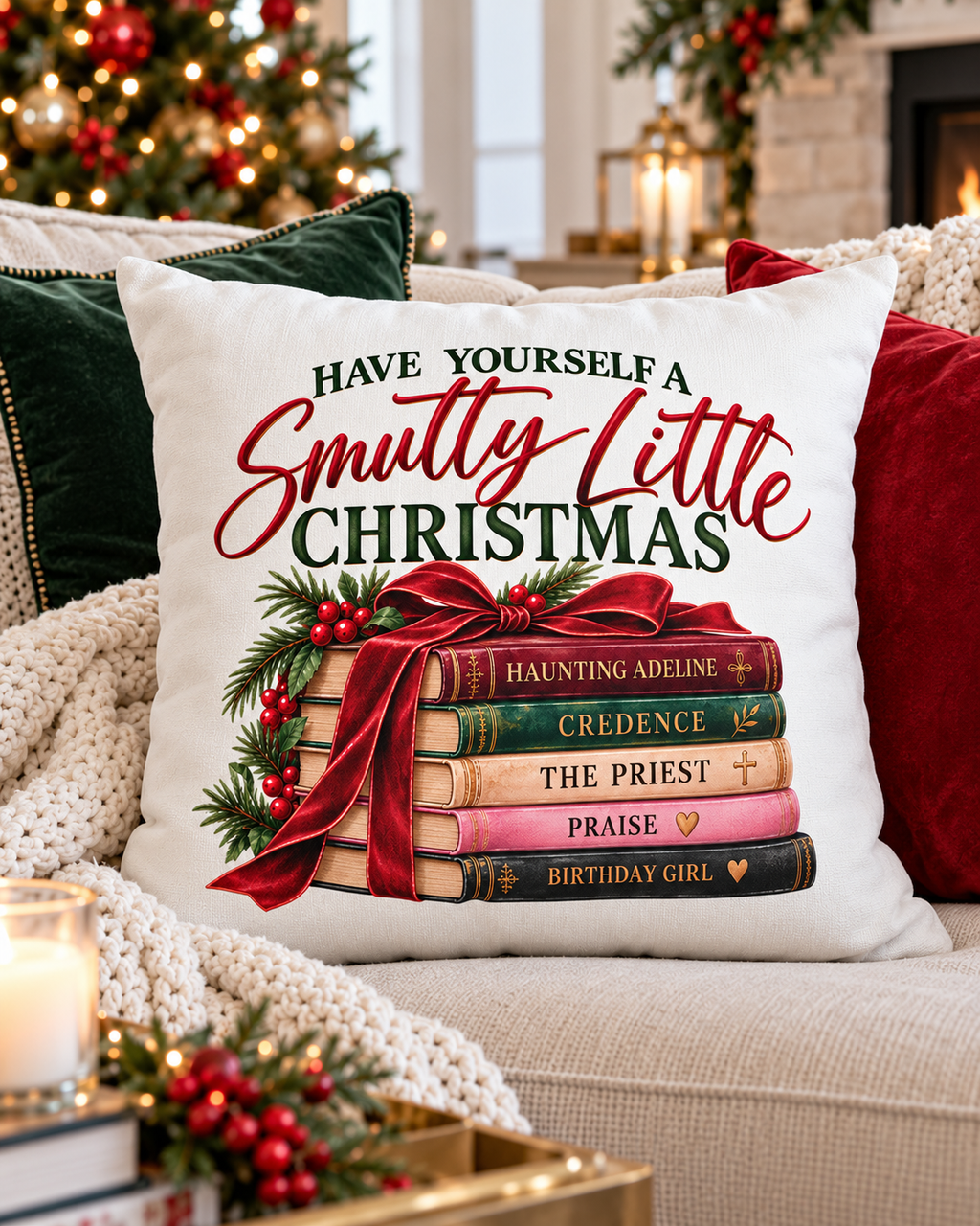 White Christmas pillow cover featuring “Have Yourself a Smutty Little Christmas” in red and green with five romance books tied in a red bow, evergreen and berries.