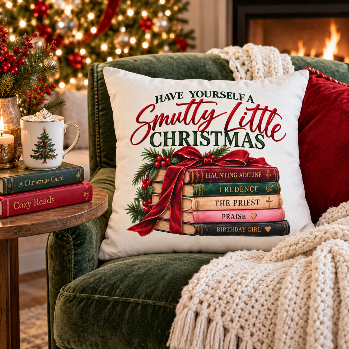 White Christmas pillow cover featuring “Have Yourself a Smutty Little Christmas” in red and green with five romance books tied in a red bow, evergreen and berries.