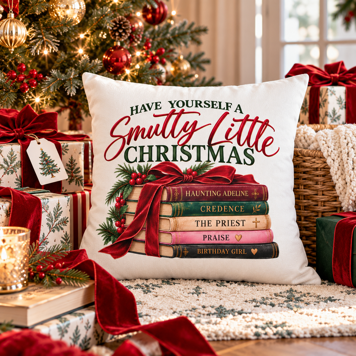 White Christmas pillow cover featuring “Have Yourself a Smutty Little Christmas” in red and green with five romance books tied in a red bow, evergreen and berries.
