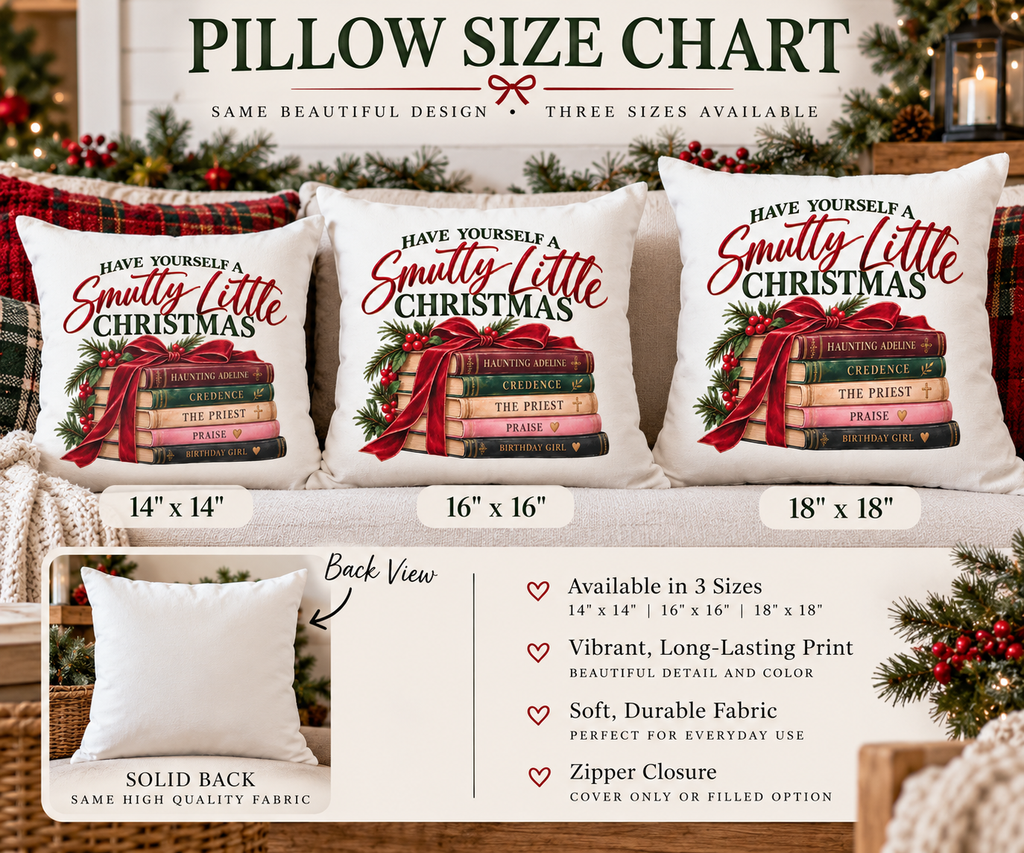 Size chart for Smutty Little Christmas pillow cover showing the available 14 by 14, 16 by 16 and 18 by 18 inch sizes.