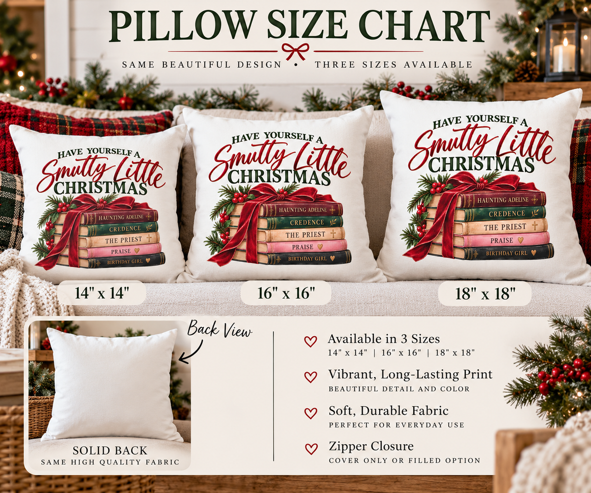 Size chart for Smutty Little Christmas pillow cover showing the available 14 by 14, 16 by 16 and 18 by 18 inch sizes.