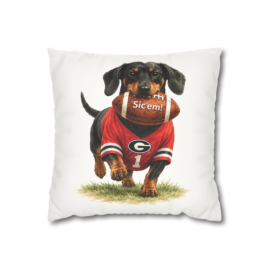 Dachshund Football Pillow Cover – Georgia Game Day Dog Pillow, Red & Black Tailgate Decor