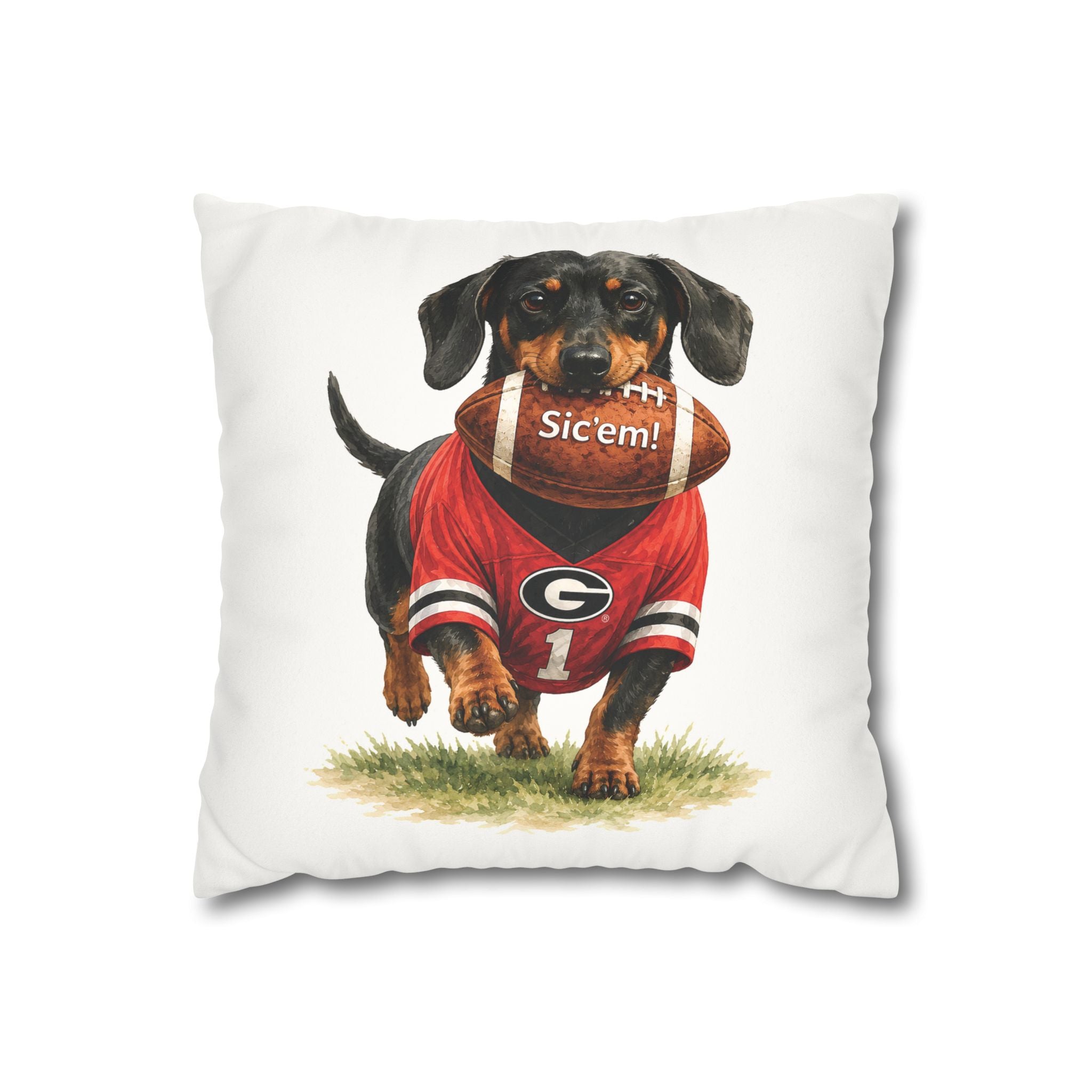 Dachshund Football Pillow Cover – Georgia Game Day Dog Pillow, Red & Black Tailgate Decor