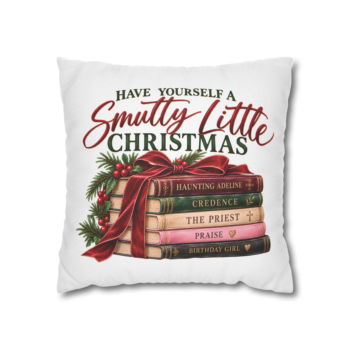Have Yourself a Smutty Little Christmas book lover pillow styled on a green reading chair beside books and a holiday mug with a Christmas tree and fireplace behind it.