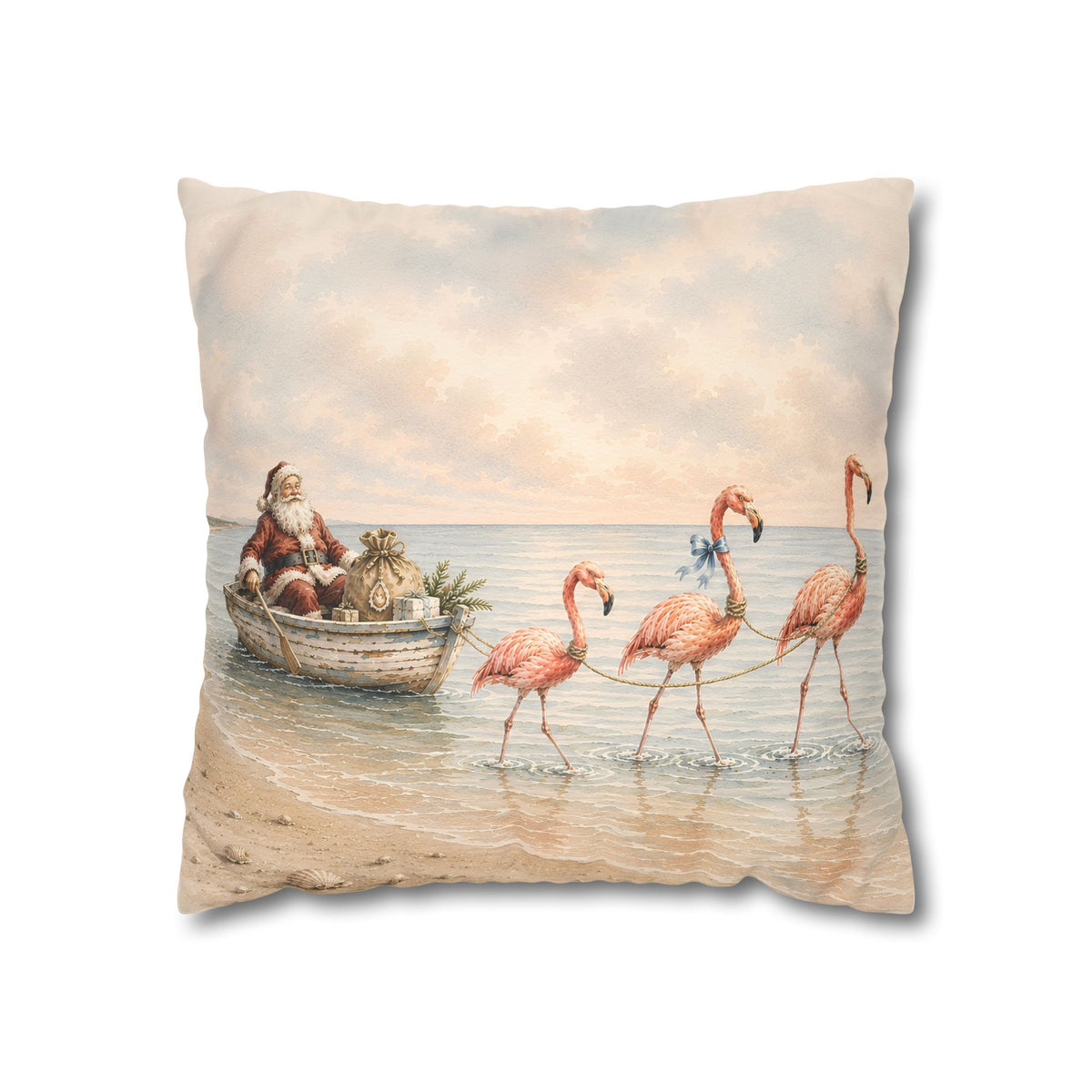 Santa Flamingo Christmas Pillow Cover, Coastal Beach House Holiday Decor, shown as a decorative holiday faux-suede pillow
cover for Christmas living room, bedroom, sofa or chair styling.
