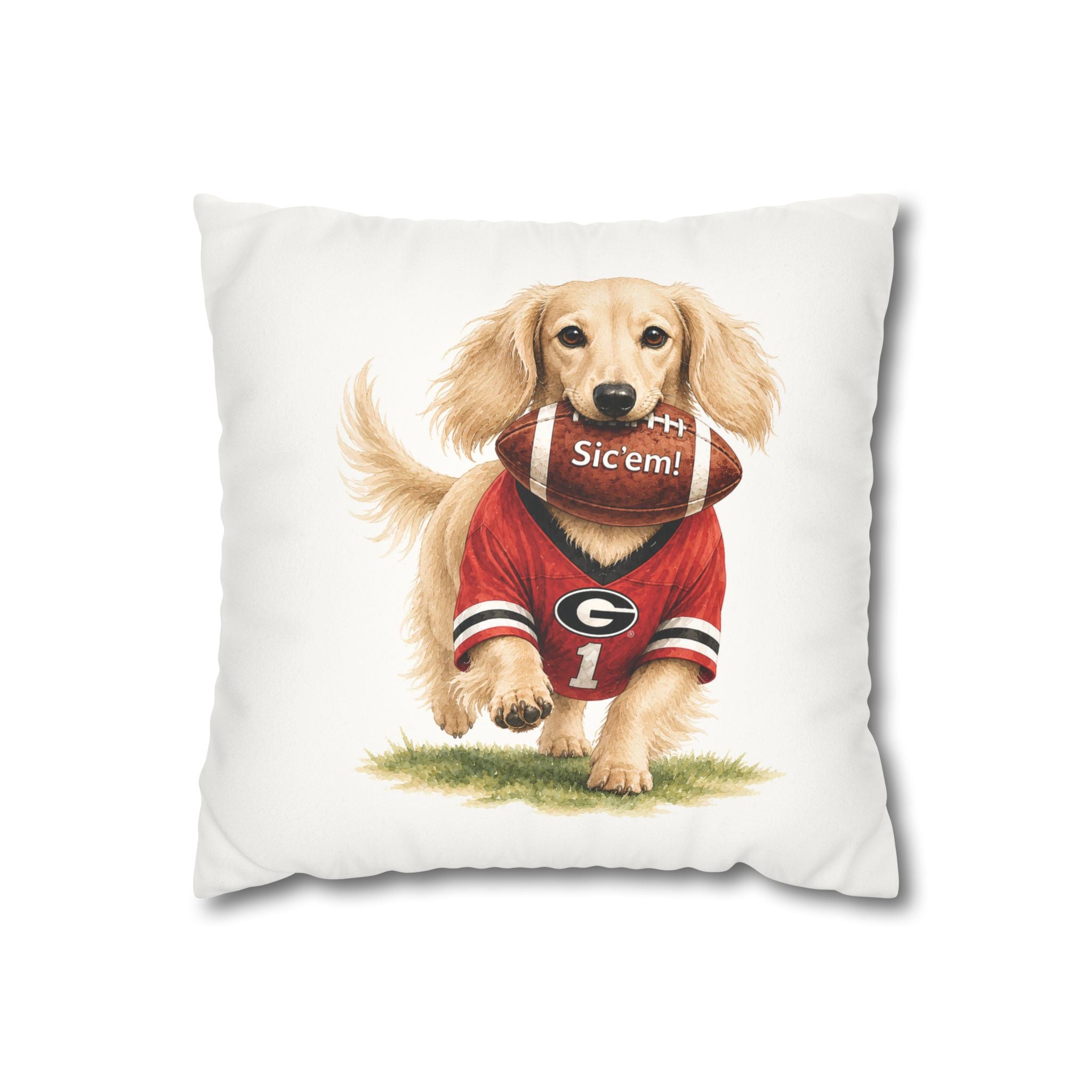 Long-Haired Golden Dachshund Football Pillow Cover – Georgia Game Day Dog Pillow