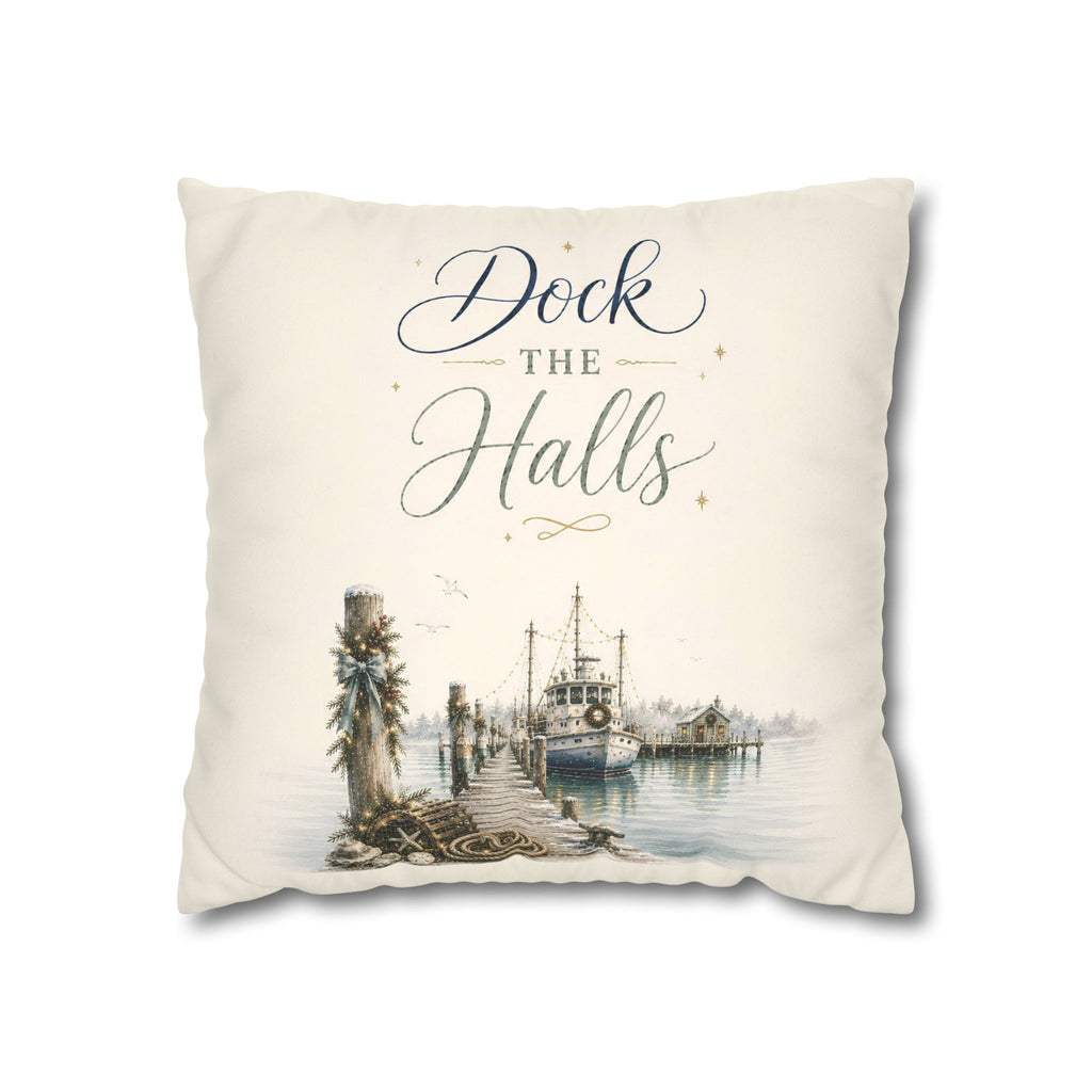 Dock the Halls Christmas Pillow Cover, Coastal Nautical Holiday Decor, shown as a decorative holiday faux-suede pillow cover for
Christmas living room, bedroom, sofa or chair styling.