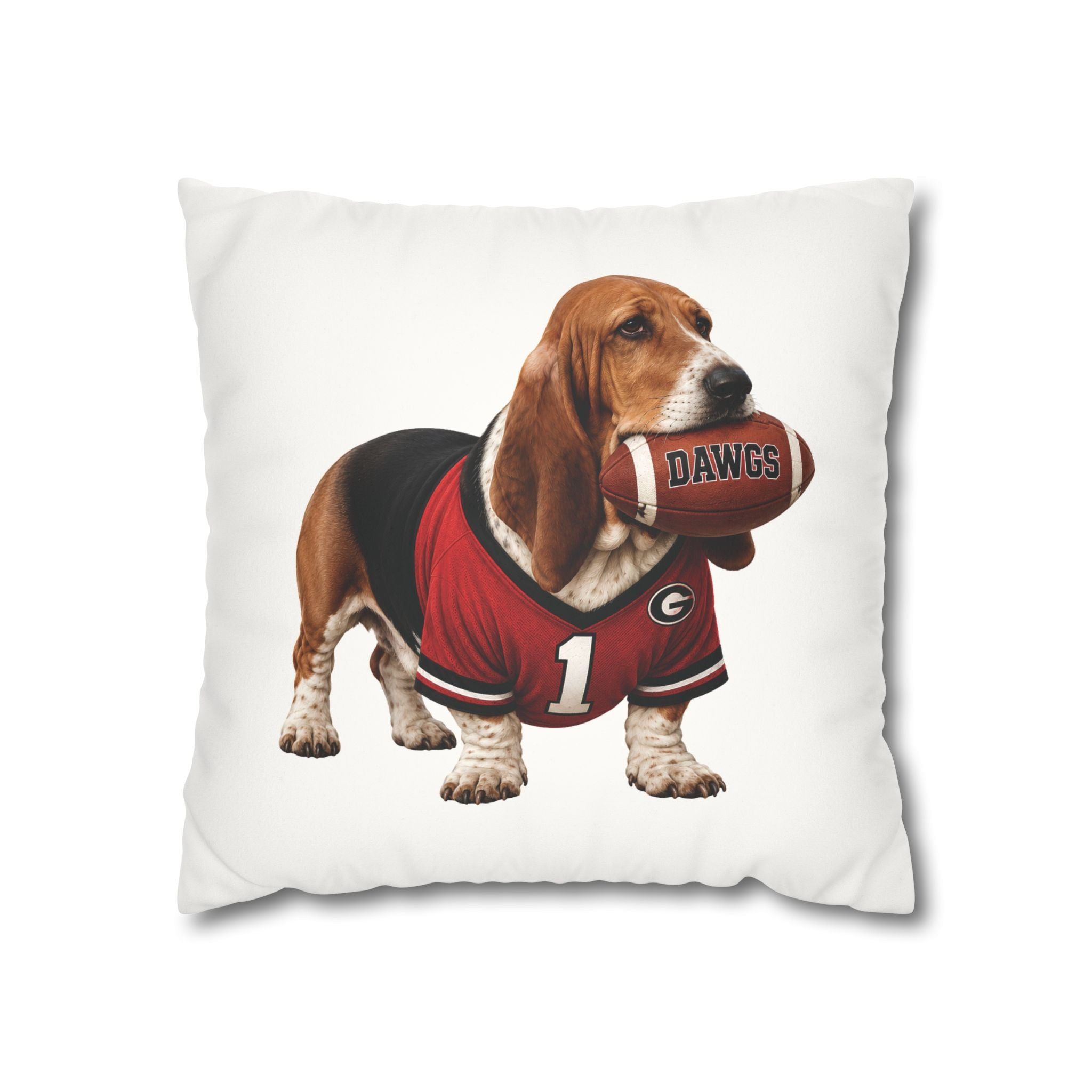 Basset Hound Football Pillow Cover – Georgia Game Day Dog Pillow, Red & Black Tailgate Decor