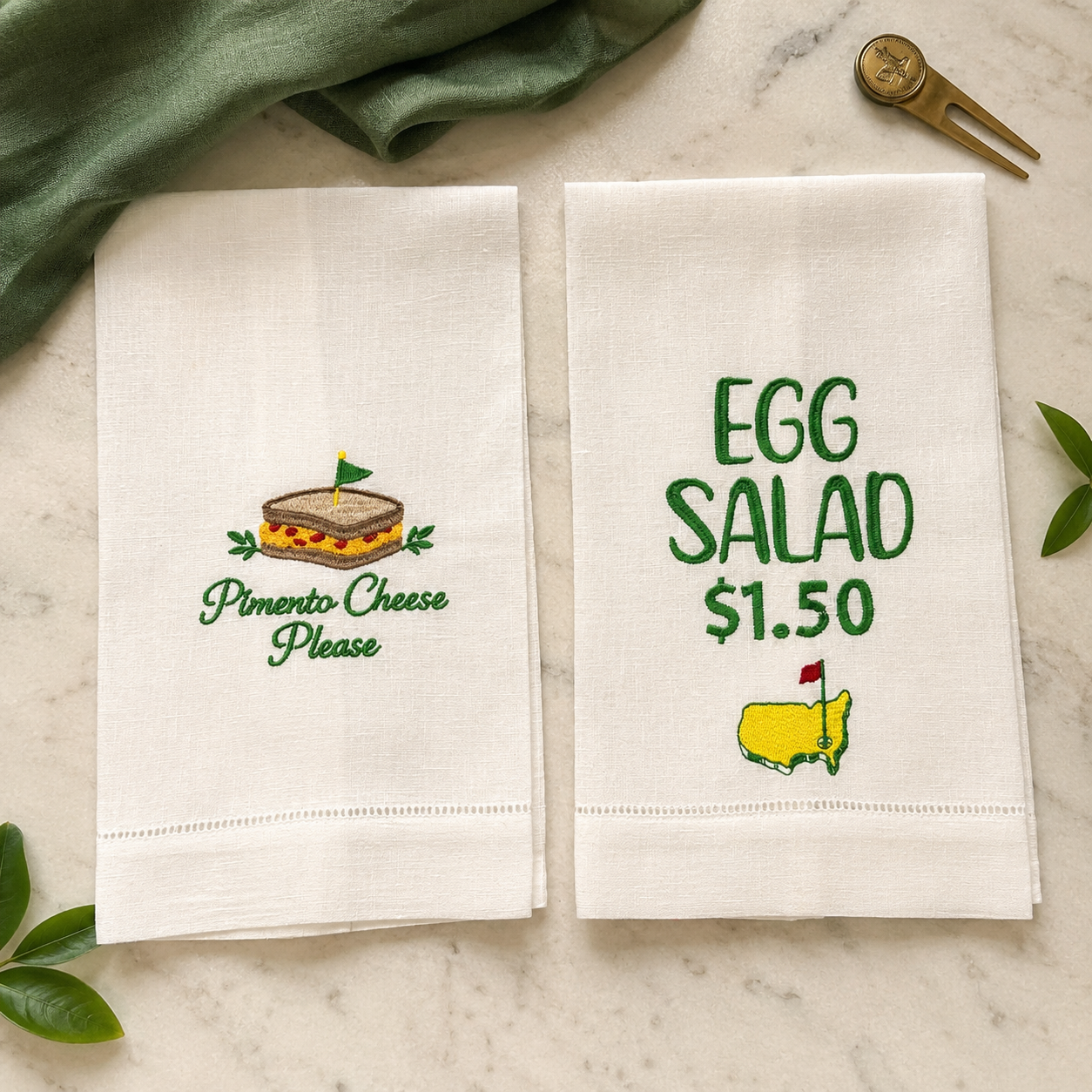 Embroidered Golf Linen Kitchen Towels – Pimento Cheese & Egg Salad