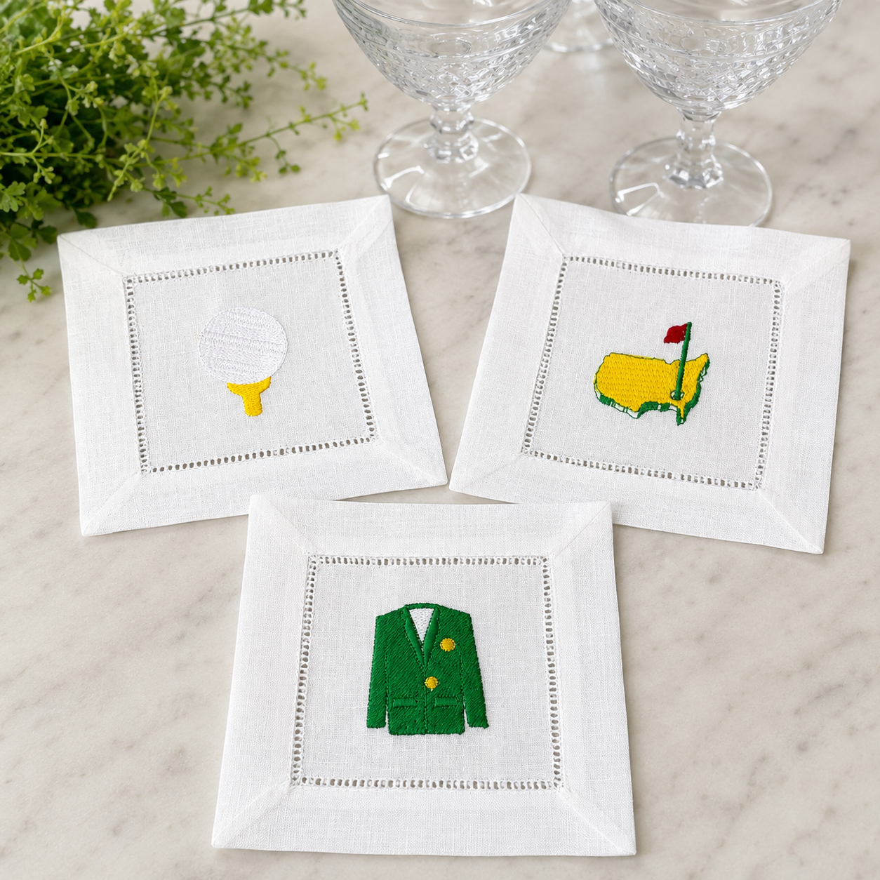 Embroidered Golf Linen Cocktail Napkins – Set of 6
