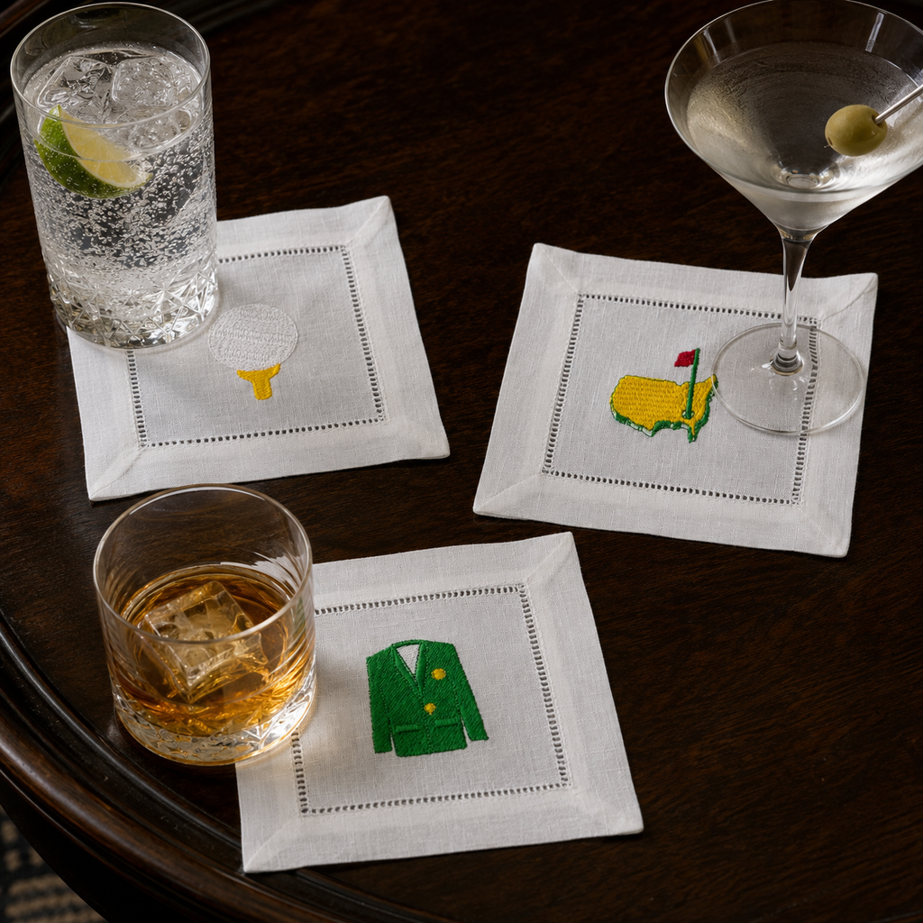 Embroidered Golf Linen Cocktail Napkins – Set of 6