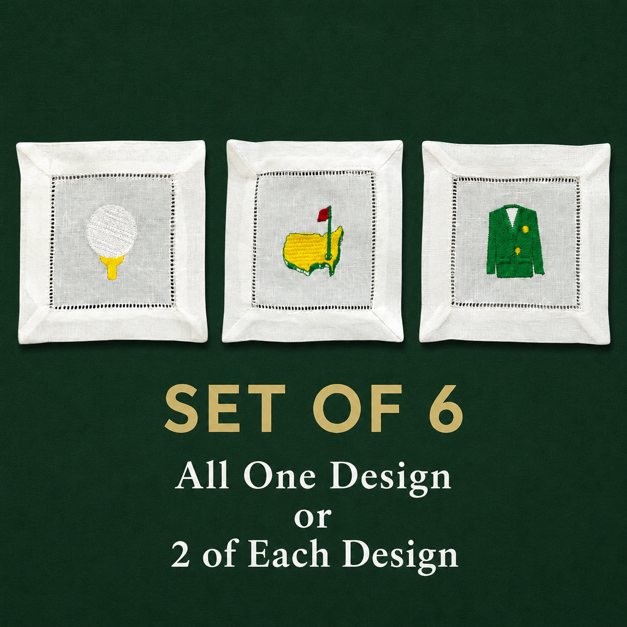 Embroidered Golf Linen Cocktail Napkins – Set of 6