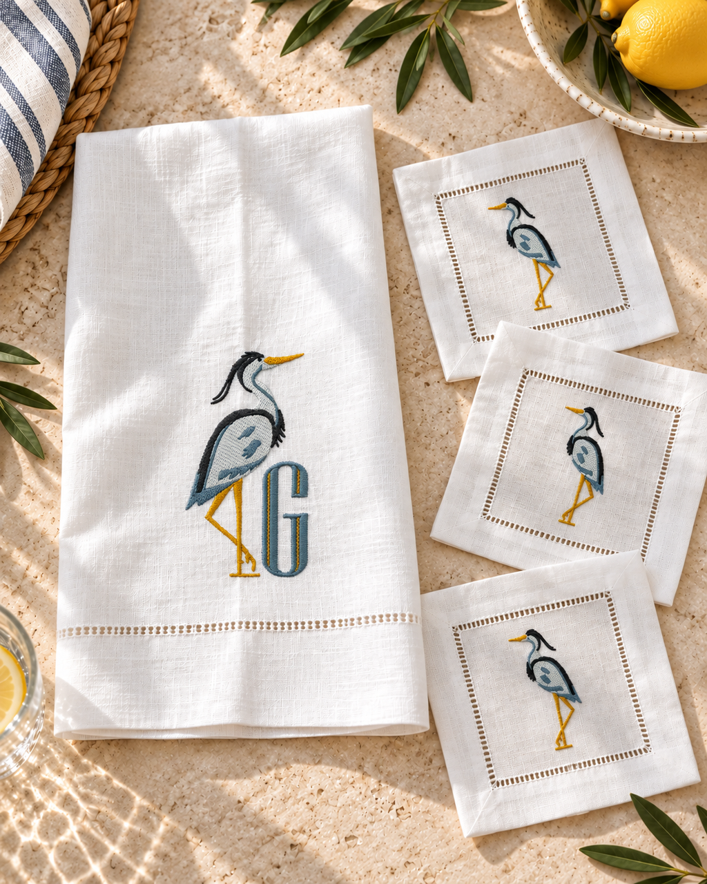 Personalized Heron Embroidered Linen Towel & Cocktail Napkins | Coastal Gift Set