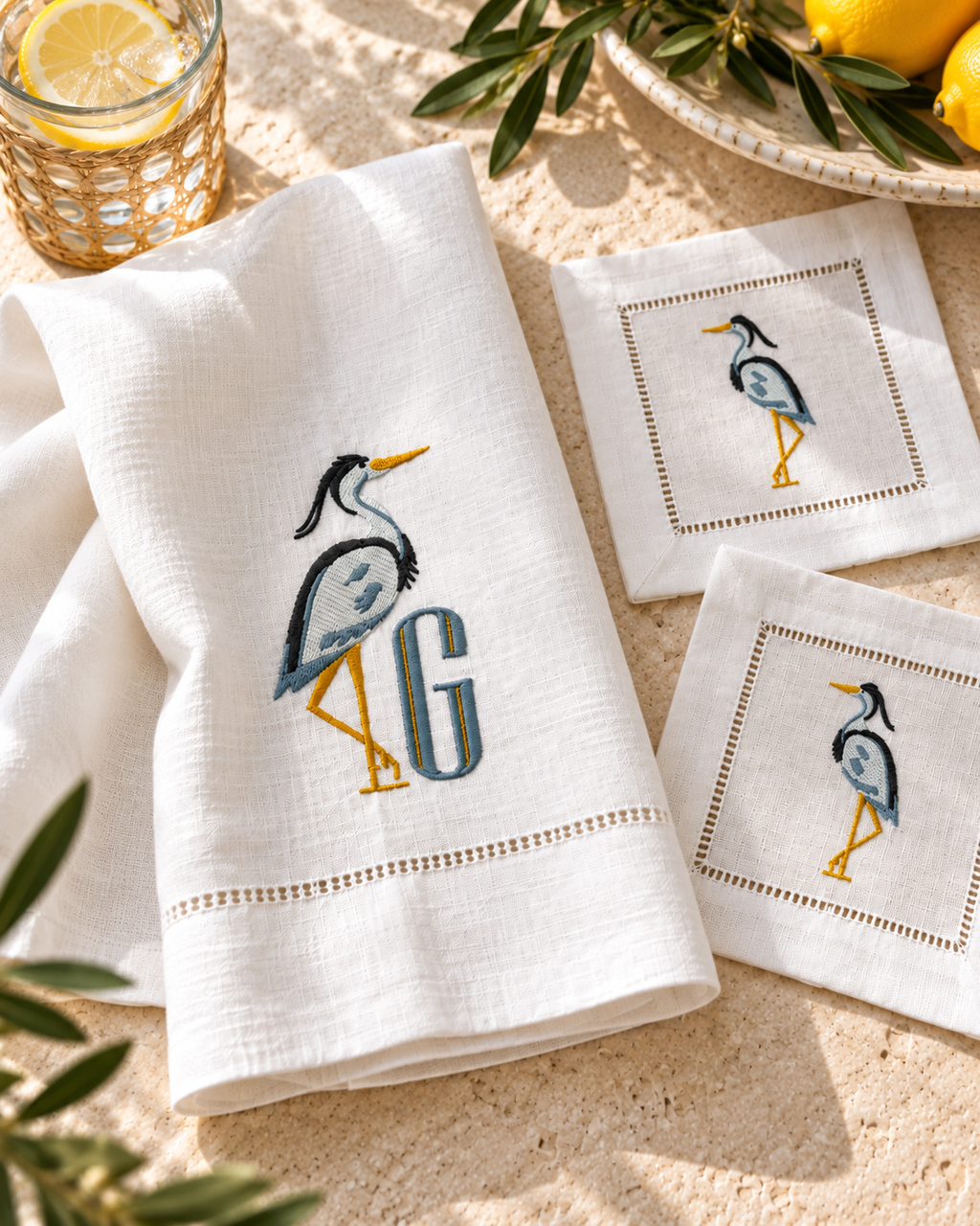 Personalized Heron Embroidered Linen Towel & Cocktail Napkins | Coastal Gift Set