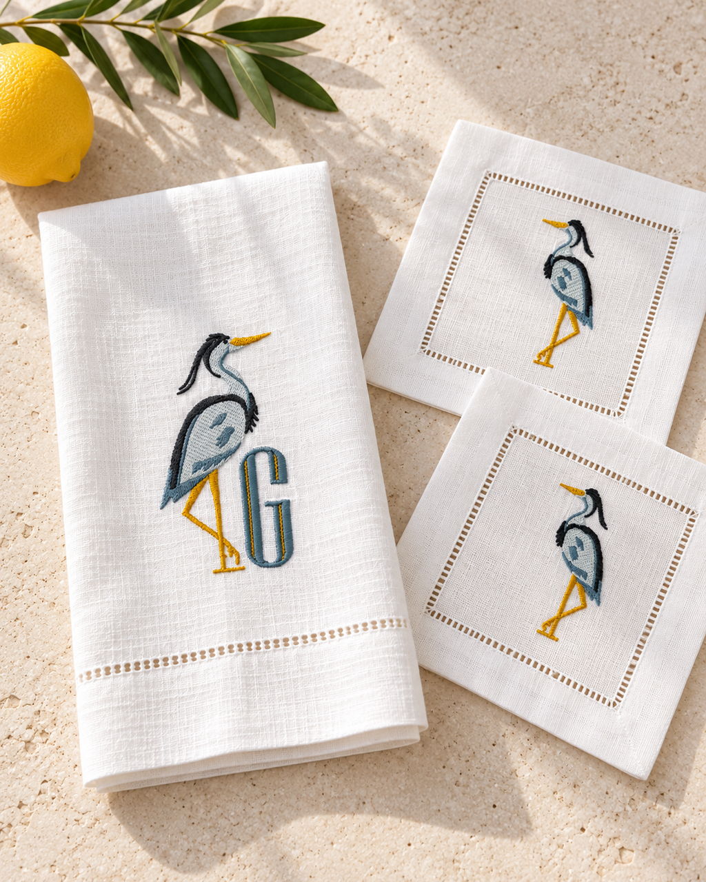 Personalized Heron Embroidered Linen Towel & Cocktail Napkins | Coastal Gift Set