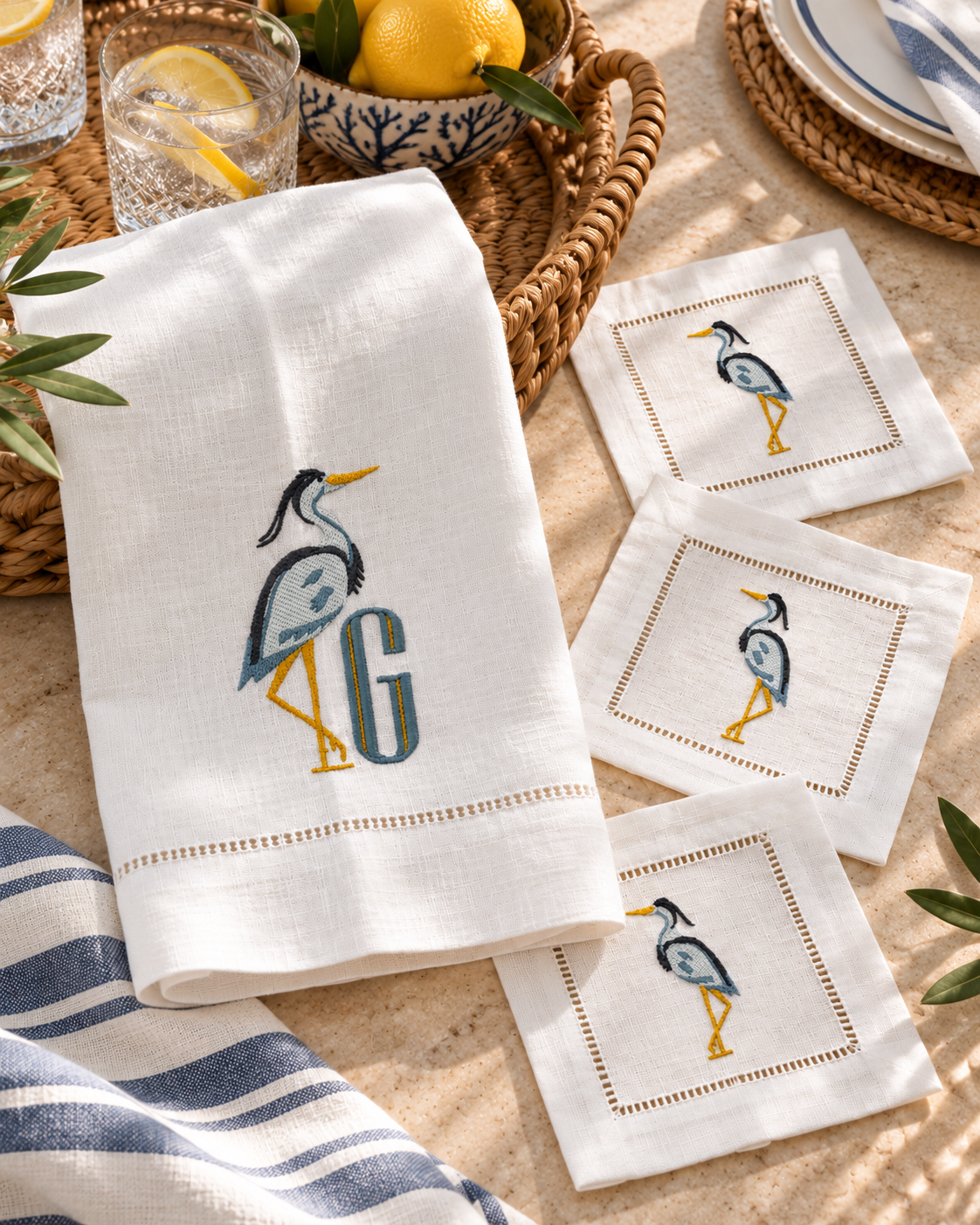 Personalized Heron Embroidered Linen Towel & Cocktail Napkins | Coastal Gift Set