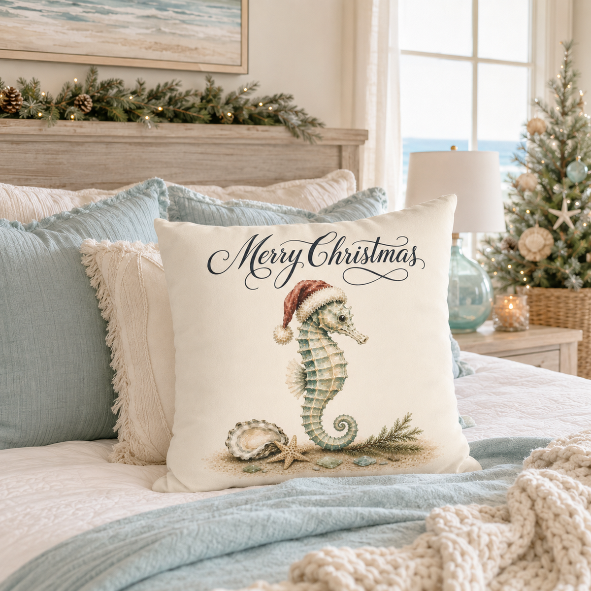 Christmas Seahorse Pillow Cover, Coastal Holiday Beach House Decor, shown as a decorative holiday faux-suede pillow cover for Christmas living room, bedroom, sofa or chair styling.