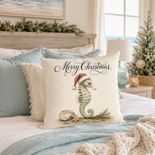 Christmas Seahorse Pillow Cover, Coastal Holiday Beach House Decor, shown as a decorative holiday faux-suede pillow cover for Christmas living room, bedroom, sofa or chair styling.